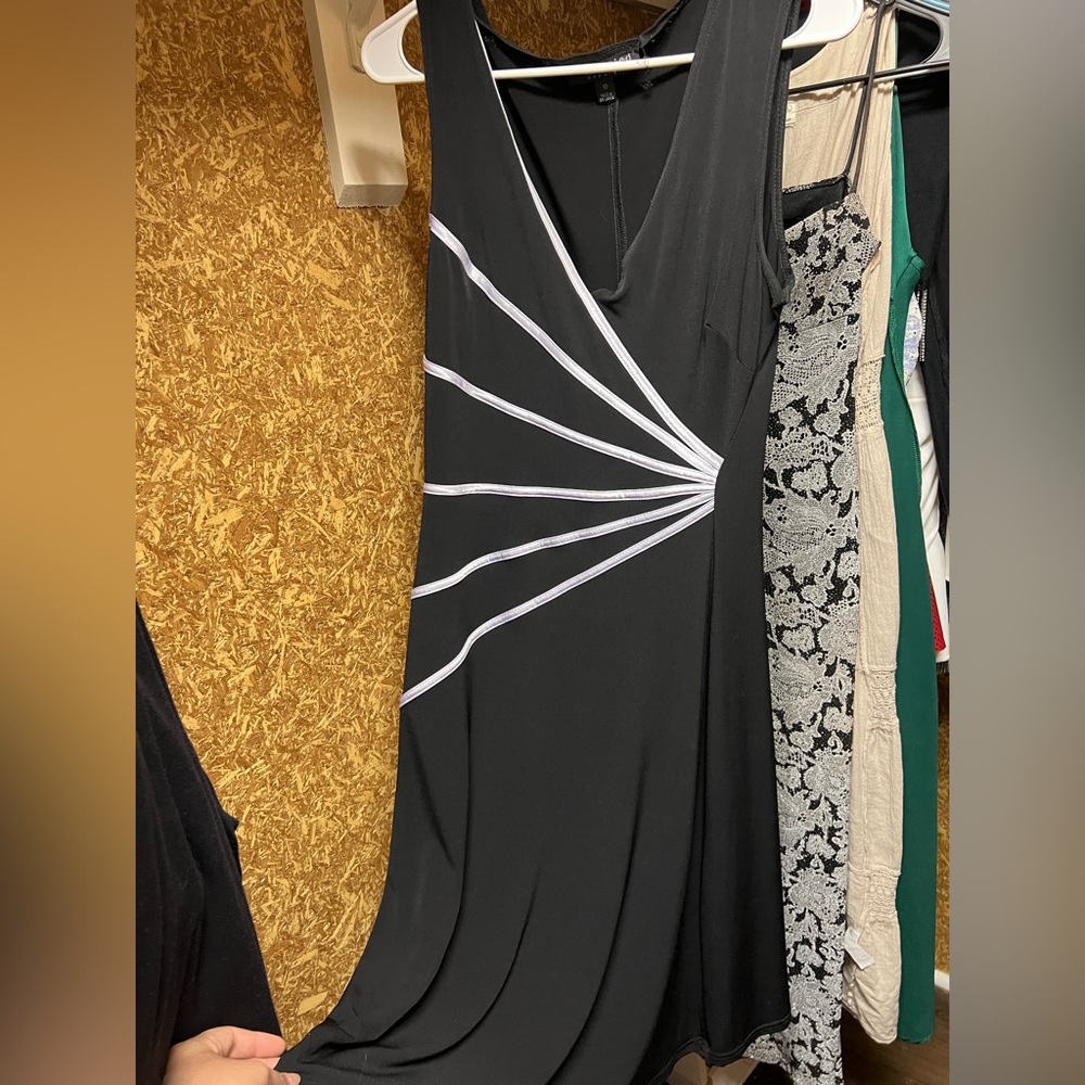 Black Evening Dress with White Radiant Stripe Detail